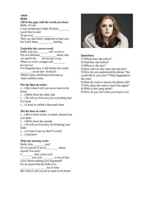 Song Worksheet: Hello by Adele