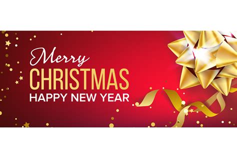 Merry Christmas And Happy New Year Banner Vector. Gold Bow. Red ...