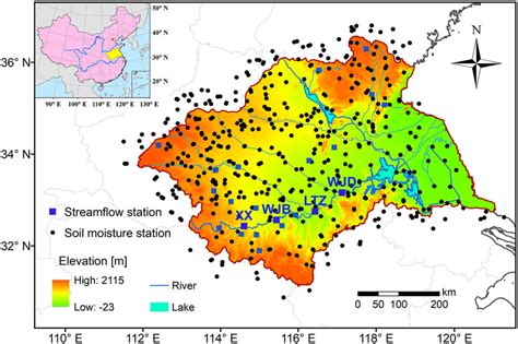 The location and digital elevation map of the Huai River Basin, China ...