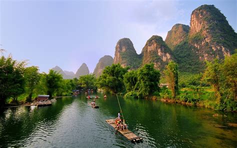 Wallpaper Guilin, Yangshuo beautiful landscape, mountains, trees, river ...