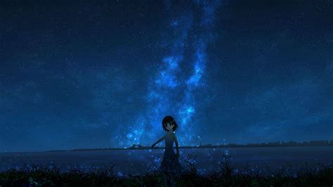 girl, night, starry sky, anime, 4k HD Wallpaper