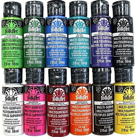 FolkArt Multi-Surface Satin Acrylic Craft Paint Set, 12 Colors, 2oz ...