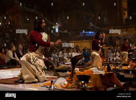 India, Uttar Pradesh, Varanasi, Dasaswamedh Ghat, Ganga Aarti vedic ...