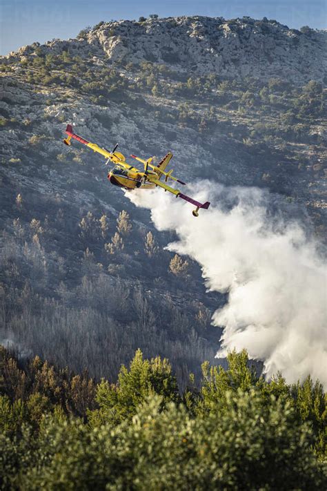 Firefighting airplane pouring water on forest stock photo