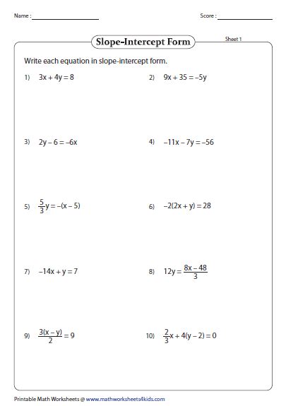 Slope-intercept Form of Equation of a Line Worksheets