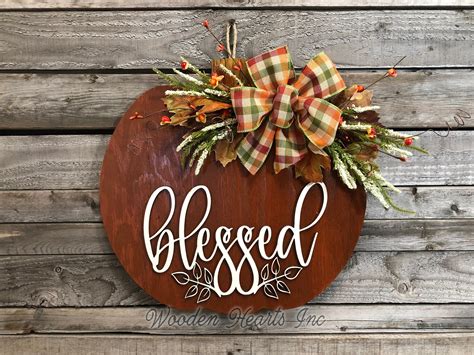 FALL Door hanger PUMPKIN sign Wreath WELCOME or Blessed Wood Sign, 16 ...