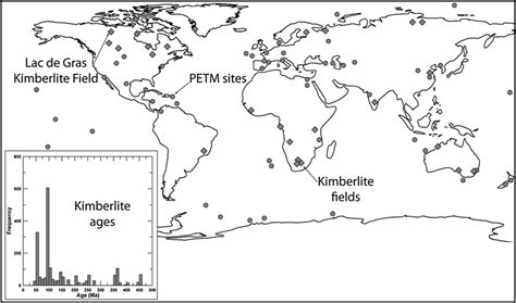 World map illustrating the major kimberlite fields containing hundreds ...