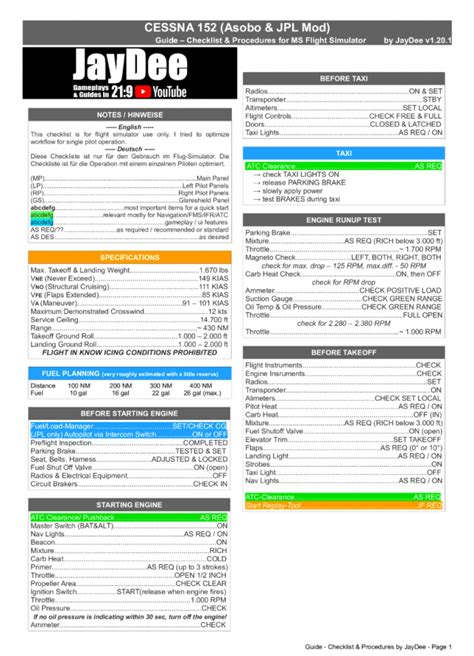 Cessna 152 - JayDee´s Checklist & Procedures (PDF) v1.20 (2) - Flight ...