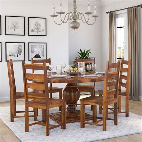 Round Solid Wood Dining Table Set With 6 Chairs In Natural Finish ...