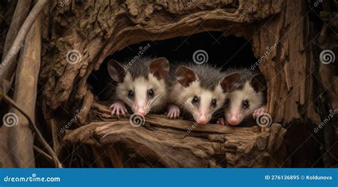 A Family of Opossums Sleeping Upside Down in a Tree Hollow, Concept of ...