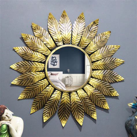 Slender Leaf Golden Round Mirror Wall Decor - WallMantra