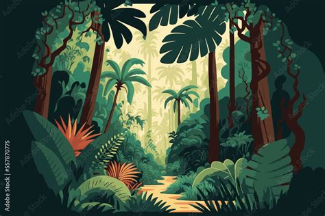 Jungle background Vector flat color cartoon illustration. Bright jungle ...