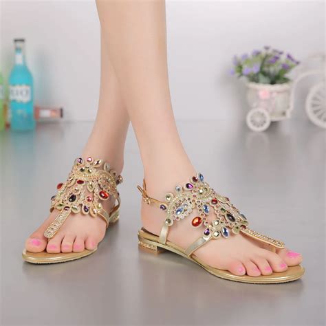 2018 Woman Sandals Women Shoes Rhinestones Chains Thong Gladiator Flat ...