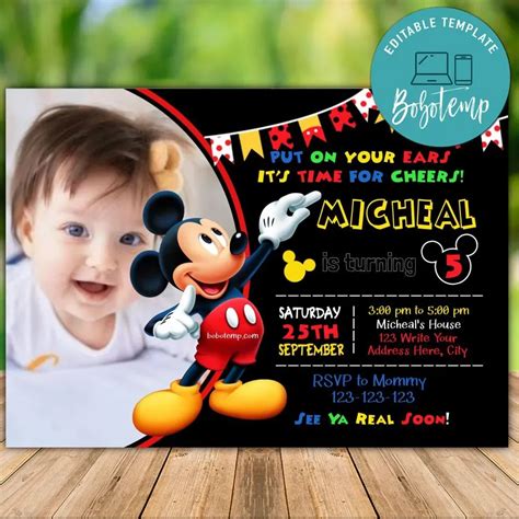 Editable Mickey Mouse Birthday Invitations With Photo DIY | Bobotemp