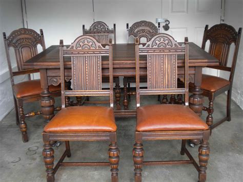 Antique English Oak Dining Table and 6 chairs with leather bottoms ...