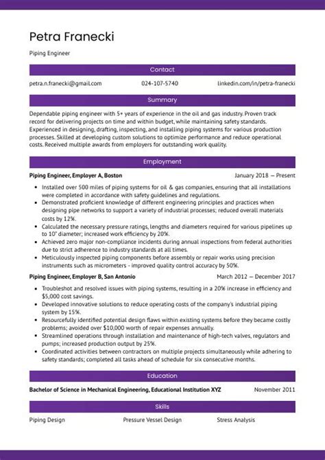 Piping Engineer Resume (CV) Example and Writing Guide