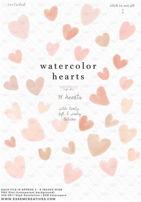 Light Blush Pink Watercolor Hearts Clipart, Peach Pastel Boho Neutral ...