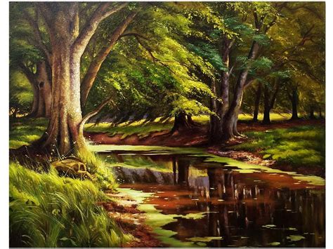 Beautiful Forest Lake Landscape | Oil On Canvas | Exotic India Art