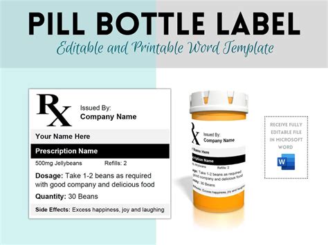 Pill Bottle Label, Prescription Label, Rx Pill Label, Editable WORD ...