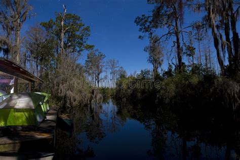 Campsite for Canoe Camping at Night in the Okefenokee Swamp of Georgia ...