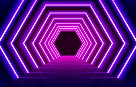 Abstract glowing magenta blue neon lights line floor background ...