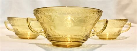 Antique Yellow Depression Glass Two Handled Cream Soup Bowls- Set of Three