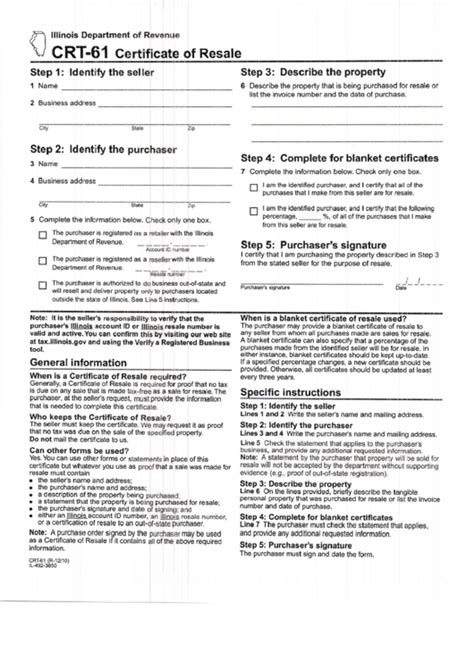 Form Crt-61 - Certificate Of Resale - Illinois printable pdf download