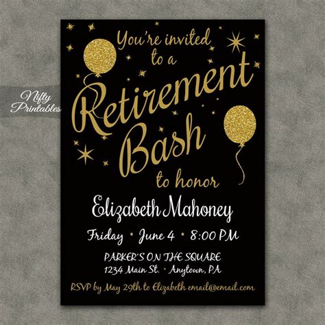 Retirement Party Invitations Printable Black & Gold