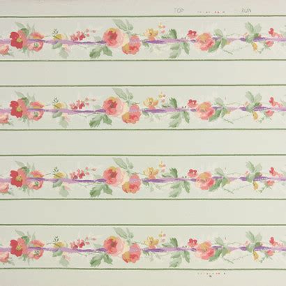 1940s Vintage Wallpaper Border Pink Roses Purple Ribbon on Green ...