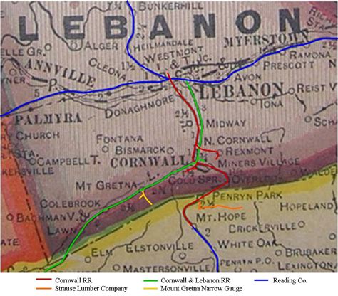 Map showing the Cornwall RR (in red) and its connecting lines.