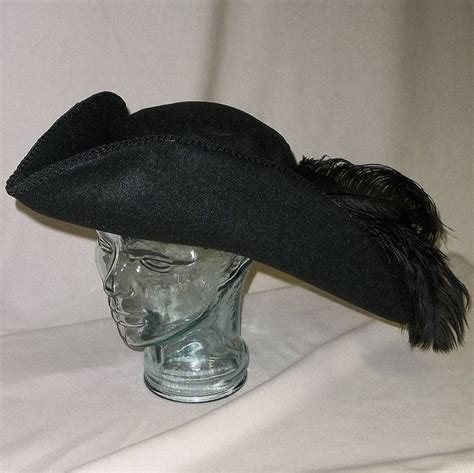 Black Pirate Hat Classic Tricorn with Black Trim and Feathers