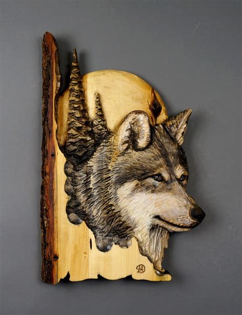 Wolf Carved on Wood Wood Carving with Bark Hand Made Gift Wall