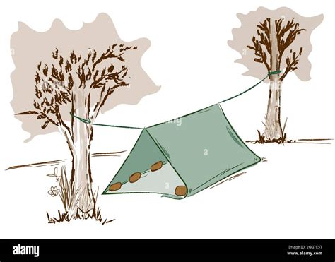 Illustration of DIY triangle tent by trap. Camping tent in forest Stock ...