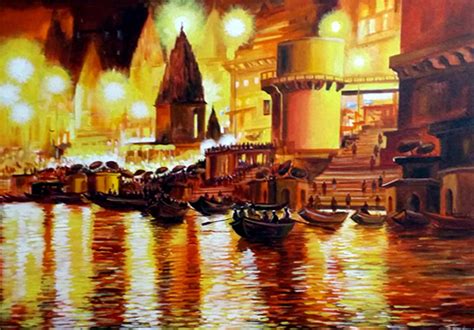 Varanasi Ghats - The Night, Samiran Sarkar, Acrylic on canvas, 60*78 cm ...