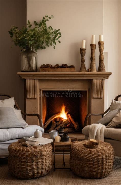 A Small Living Room with a Fireplace in it Stock Image - Image of ...