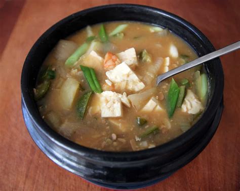 Fermented soybean paste stew mixed with fresh salad (Doenjang-jjigae ...