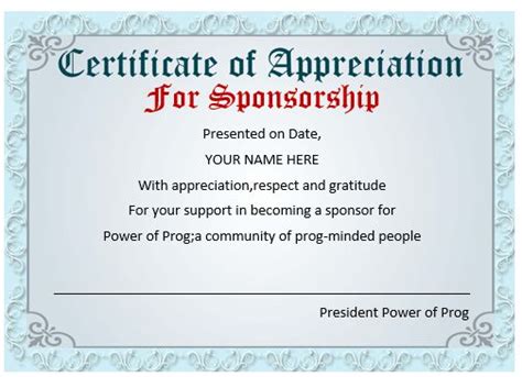 Certificate Of Appreciation For Sponsorship Template