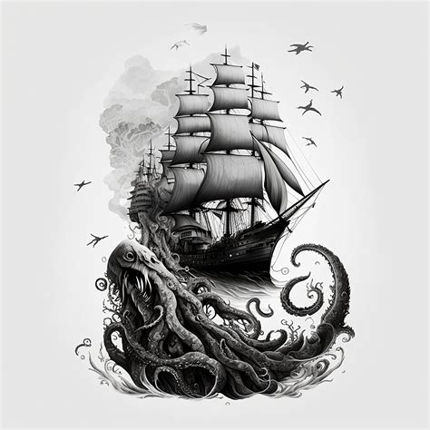 Pirate Ship Vs. Kraken Tattoo Design White Background PNG File Download ...