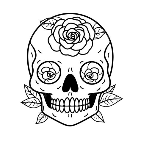 Skull With Roses On A White Background Outline Sketch Drawing Vector ...