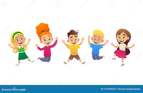 Vector Illustration of Funny Cartoon Children Jumping and Having Fun ...