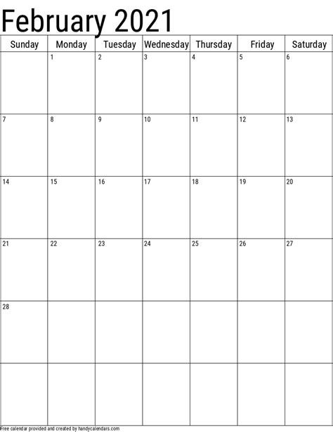 2021 February Calendars - Handy Calendars