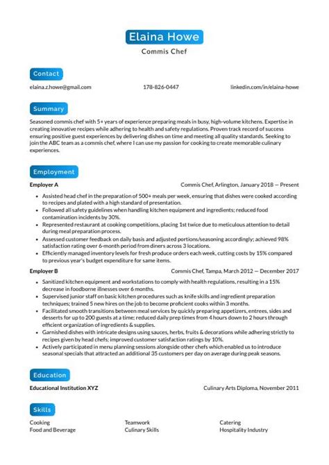 Commis Chef Resume (CV) Example and Writing Guide