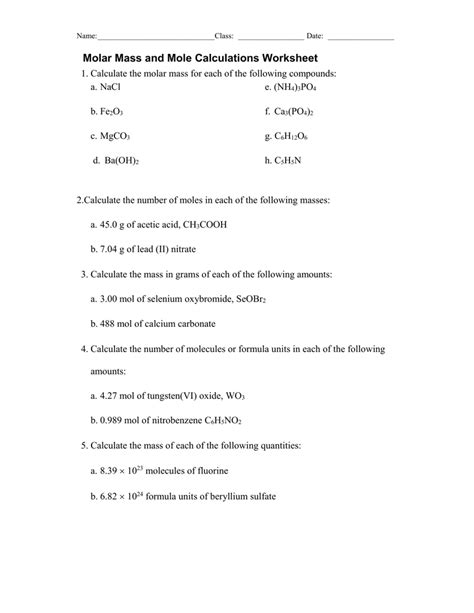 More Mole Calculations Worksheet