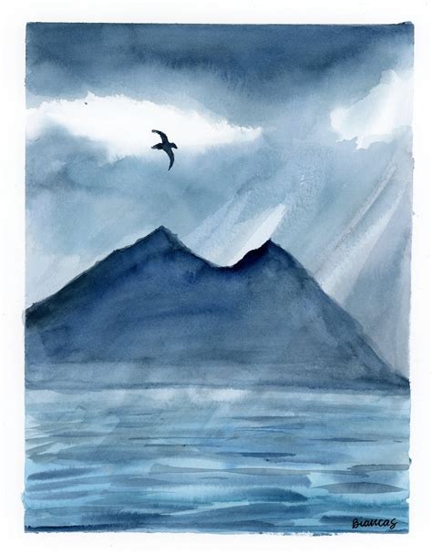 Watercolor Stormy Sky and Ocean Painting ORIGINAL Watercolor | Etsy