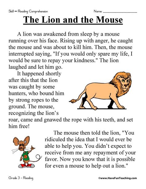 The Lion and the Mouse Reading Comprehension Worksheet - Have Fun ...