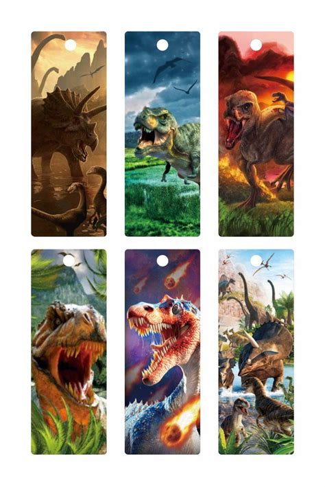 four different dinosaur bookmarks with dinosaurs in the background and ...