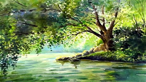 waterway Watercolor landscape trees Watercolor Art & Collectibles jan ...