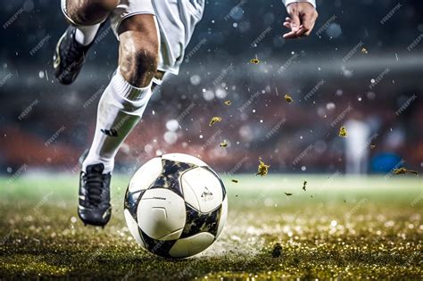 Premium Photo | Soccer Player Person Hitting soccer ball in stadium in ...