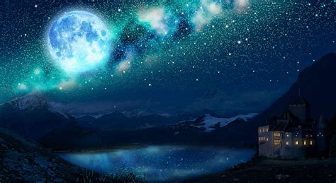 HD wallpaper: Anime, Original, Building, Lake, Moon, Starry Sky ...