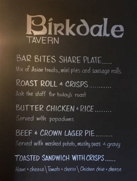 Menu at Birkdale Tavern restaurant, Birkdale